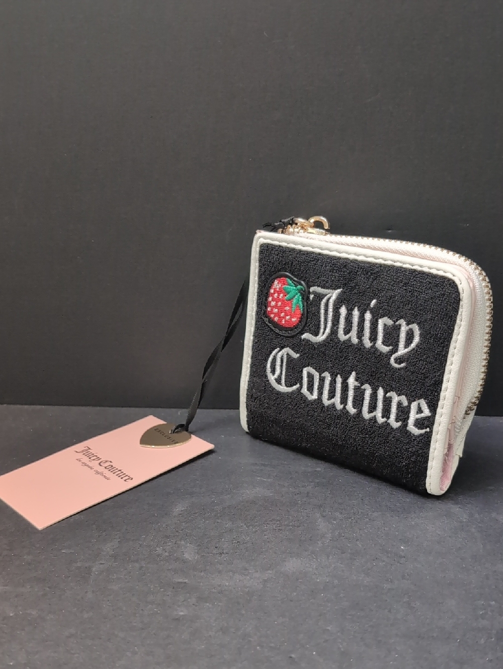 Juicy Couture NWT, Black Terry Cloth Strawberry Embroidered Zip-Around Wallet.